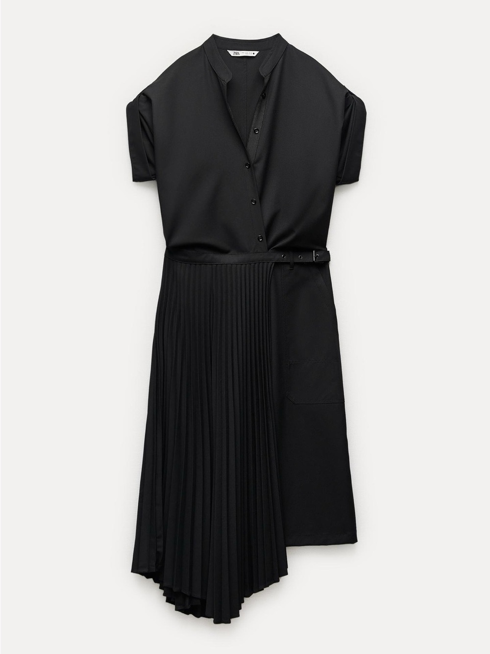 Zara Black Asymmetric Pleated Midi Dress with Side Tie